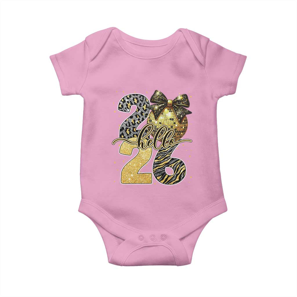 Happy New Year 2026 Baby Onesie Hello 2026 Disco Ball Coquette Bow Faux Glitter TS11 Light Pink Print Your Wear