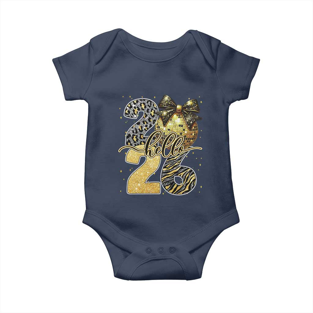 Happy New Year 2026 Baby Onesie Hello 2026 Disco Ball Coquette Bow Faux Glitter TS11 Navy Print Your Wear