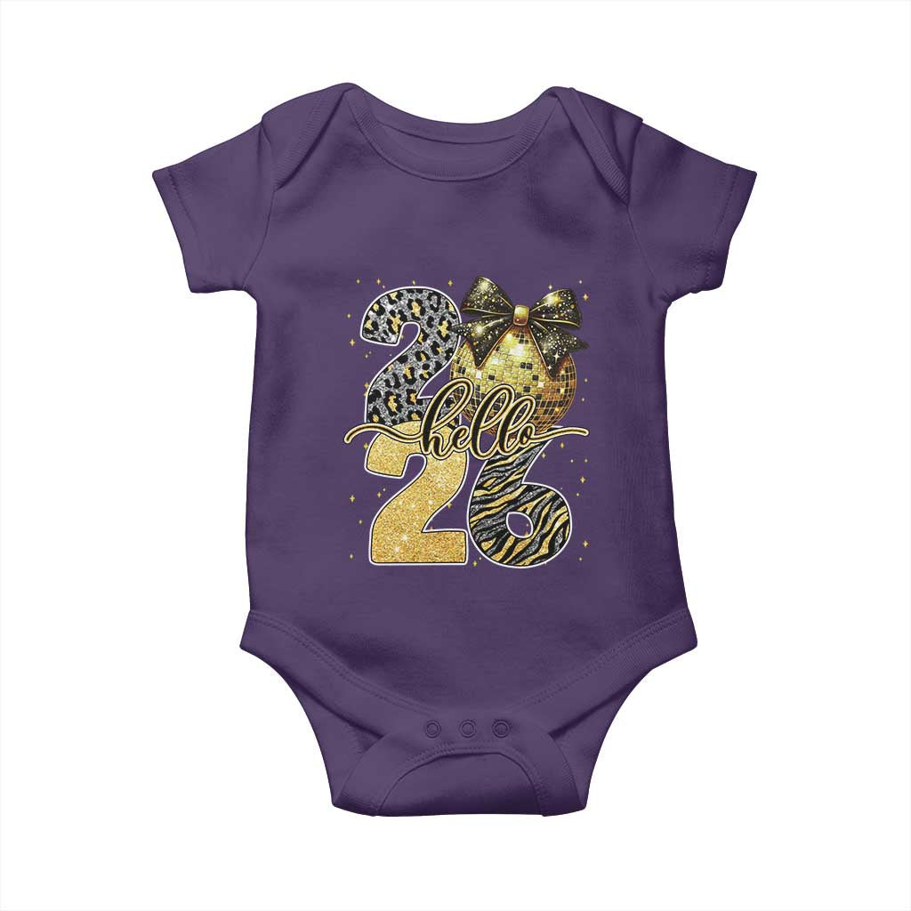 Happy New Year 2026 Baby Onesie Hello 2026 Disco Ball Coquette Bow Faux Glitter TS11 Purple Print Your Wear