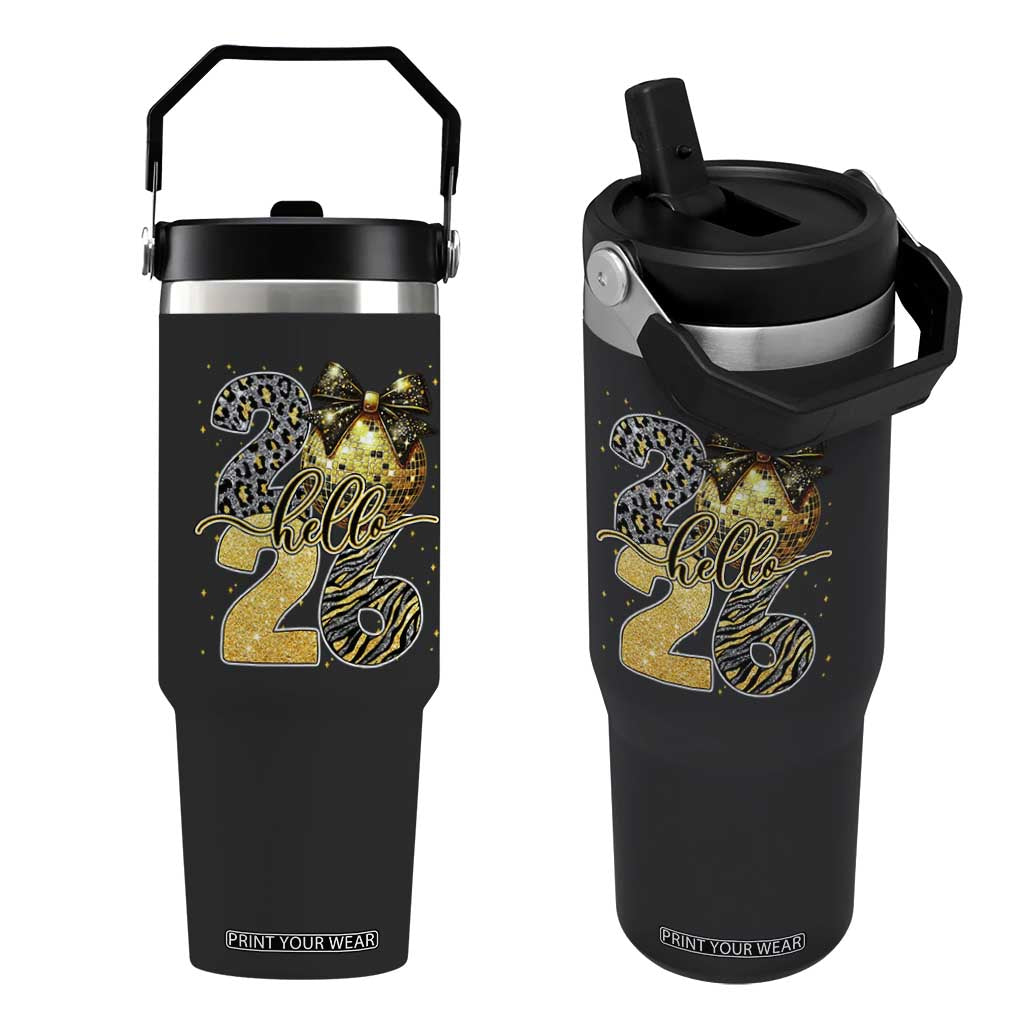 Happy New Year 2026 Flip Straw Tumbler Hello 2026 Disco Ball Coquette Bow Faux Glitter TS11 One Size: 30 oz Black Print Your Wear