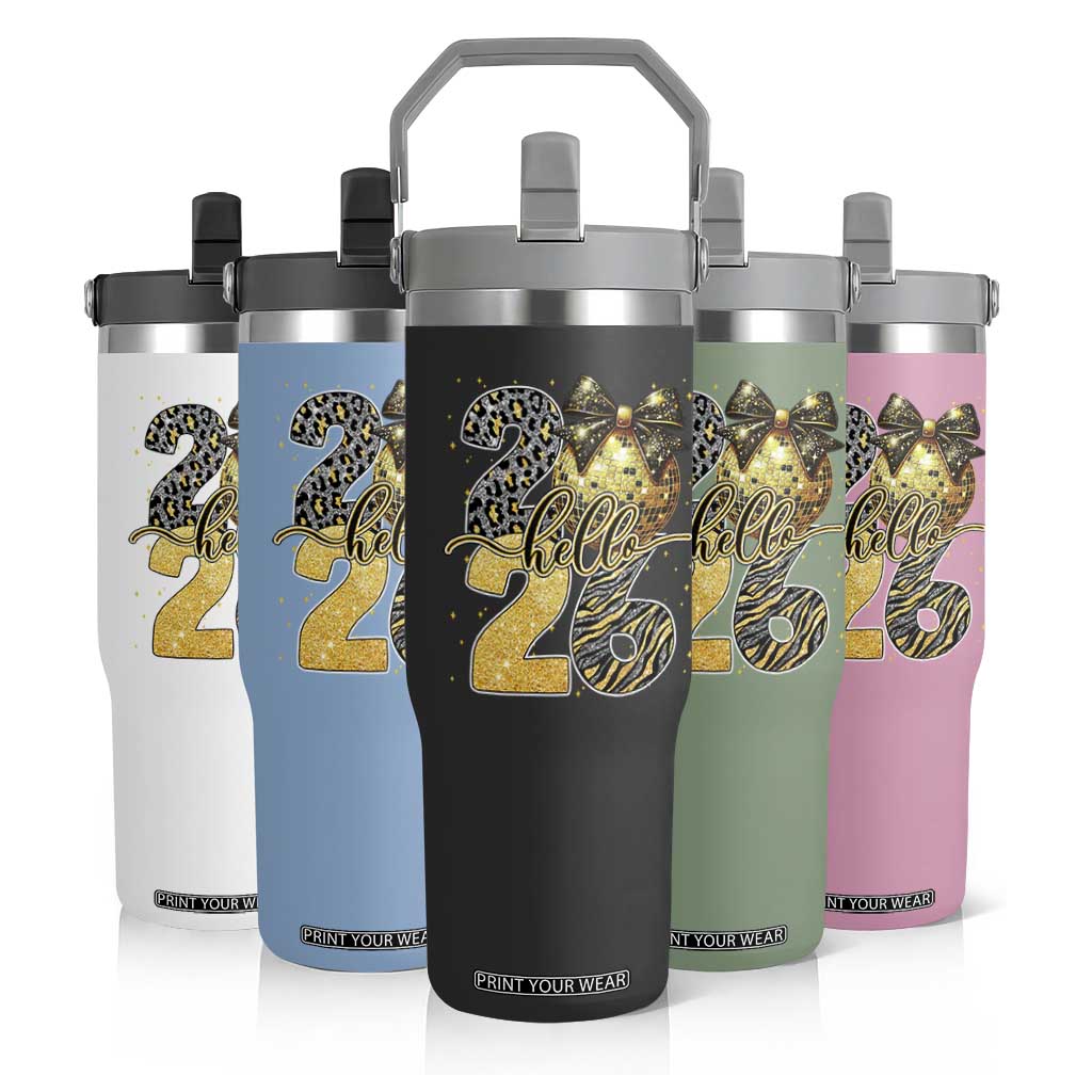 Happy New Year 2026 Flip Straw Tumbler Hello 2026 Disco Ball Coquette Bow Faux Glitter TS11 Print Your Wear