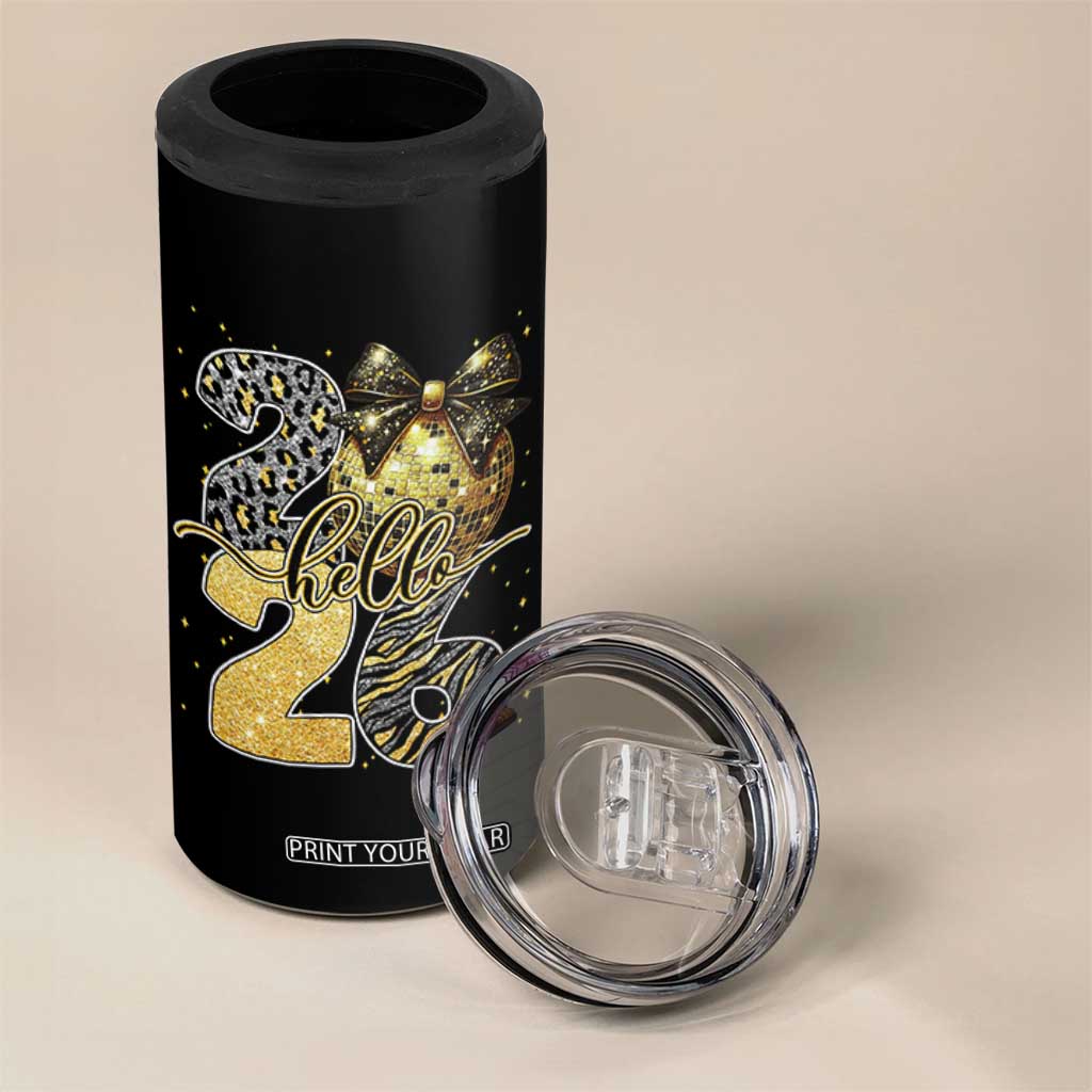 Happy New Year 2026 4 in 1 Can Cooler Tumbler Hello 2026 Disco Ball Coquette Bow Faux Glitter TS11 Print Your Wear