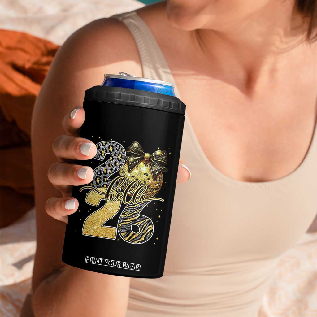 Happy New Year 2026 4 in 1 Can Cooler Tumbler Hello 2026 Disco Ball Coquette Bow Faux Glitter TS11 Print Your Wear