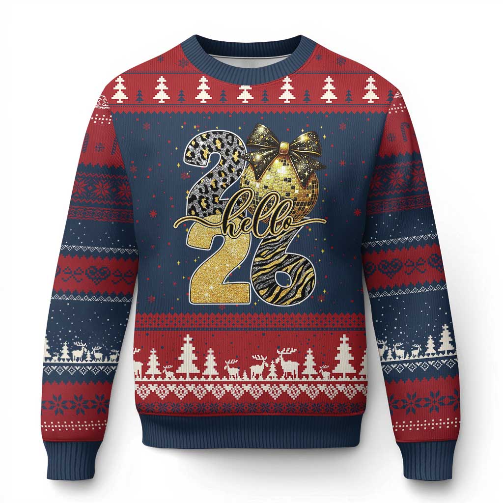 Happy New Year 2026 Ugly Christmas Sweater Hello 2026 Disco Ball Coquette Bow Faux Glitter TS11 Navy Red Print Your Wear