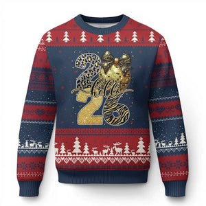 Happy New Year 2026 Ugly Christmas Sweater Hello 2026 Disco Ball Coquette Bow Faux Glitter TS11 Navy Red Print Your Wear
