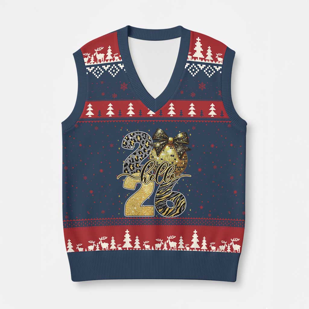 Happy New Year 2026 V-Neck Knit Sweater Vest Hello 2026 Disco Ball Coquette Bow Faux Glitter TS11 Navy Red Print Your Wear