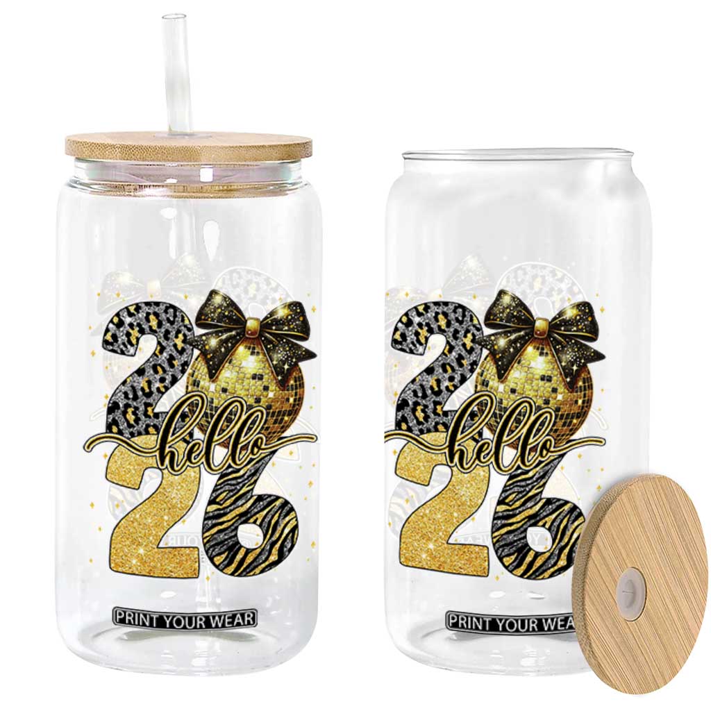 Happy New Year 2026 Glass Can Hello 2026 Disco Ball Coquette Bow Faux Glitter TS11 Print Your Wear