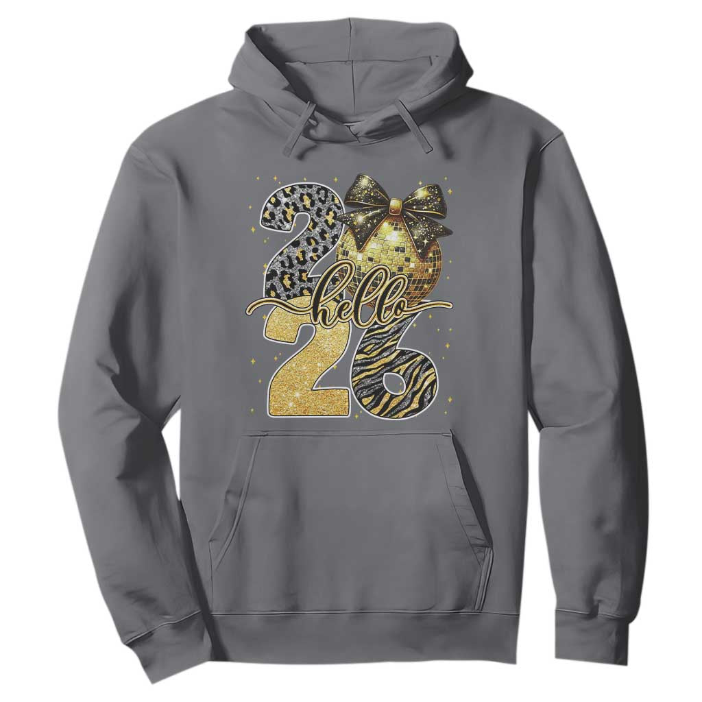 Happy New Year 2026 Hoodie Hello 2026 Disco Ball Coquette Bow Faux Glitter TS11 Charcoal Print Your Wear