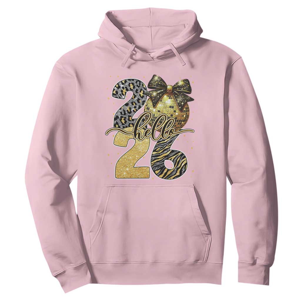 Happy New Year 2026 Hoodie Hello 2026 Disco Ball Coquette Bow Faux Glitter TS11 Light Pink Print Your Wear