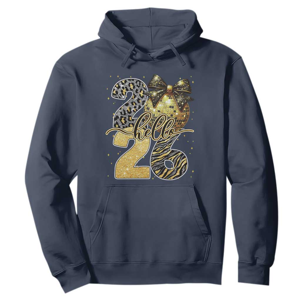 Happy New Year 2026 Hoodie Hello 2026 Disco Ball Coquette Bow Faux Glitter TS11 Navy Print Your Wear