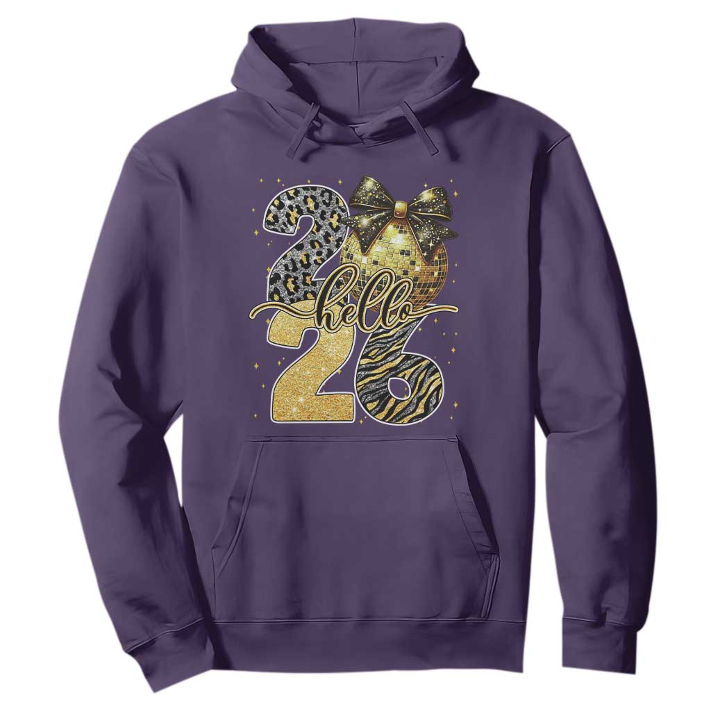 Happy New Year 2026 Hoodie Hello 2026 Disco Ball Coquette Bow Faux Glitter TS11 Purple Print Your Wear