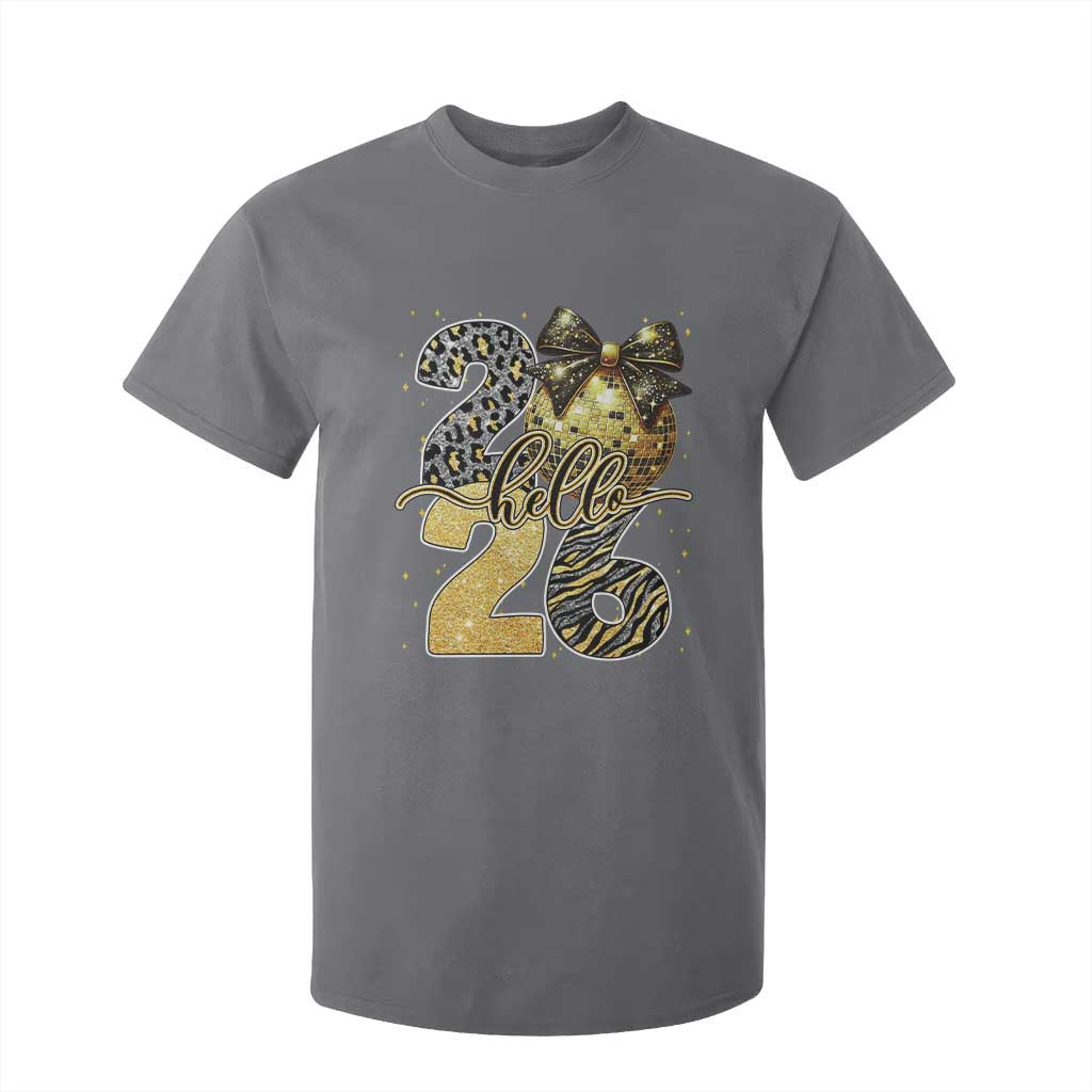 Happy New Year 2026 T Shirt For Kid Hello 2026 Disco Ball Coquette Bow Faux Glitter TS11 Charcoal Print Your Wear