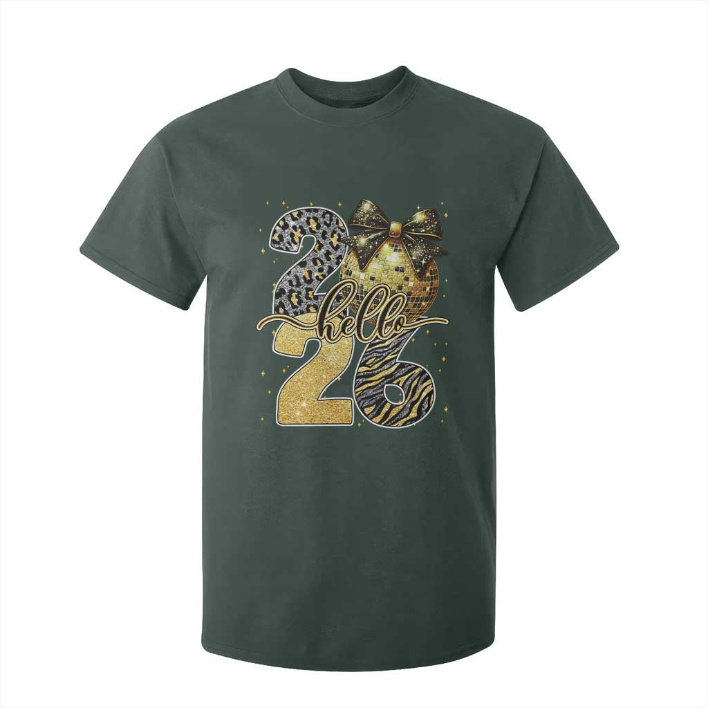 Happy New Year 2026 T Shirt For Kid Hello 2026 Disco Ball Coquette Bow Faux Glitter TS11 Dark Forest Green Print Your Wear