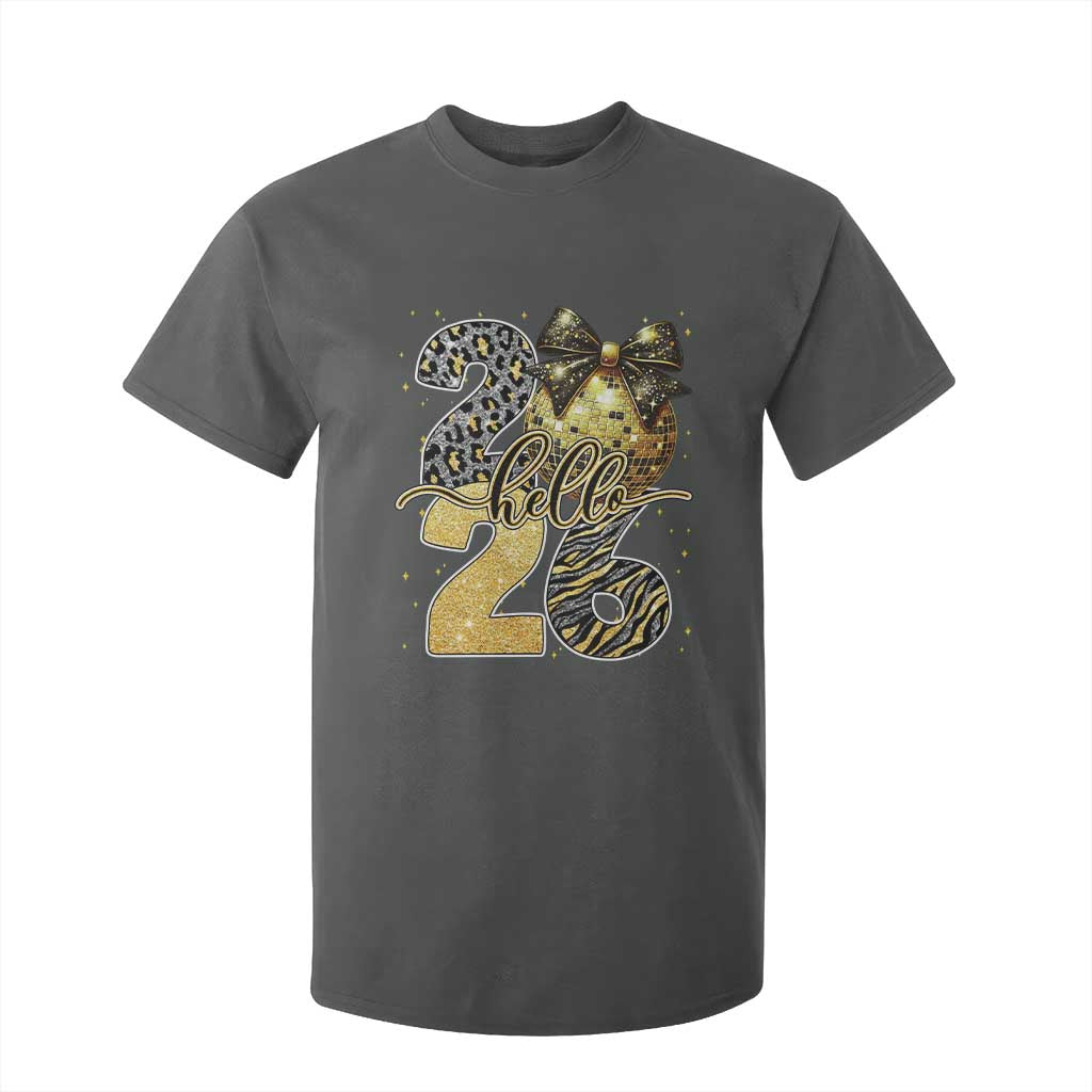 Happy New Year 2026 T Shirt For Kid Hello 2026 Disco Ball Coquette Bow Faux Glitter TS11 Dark Heather Print Your Wear