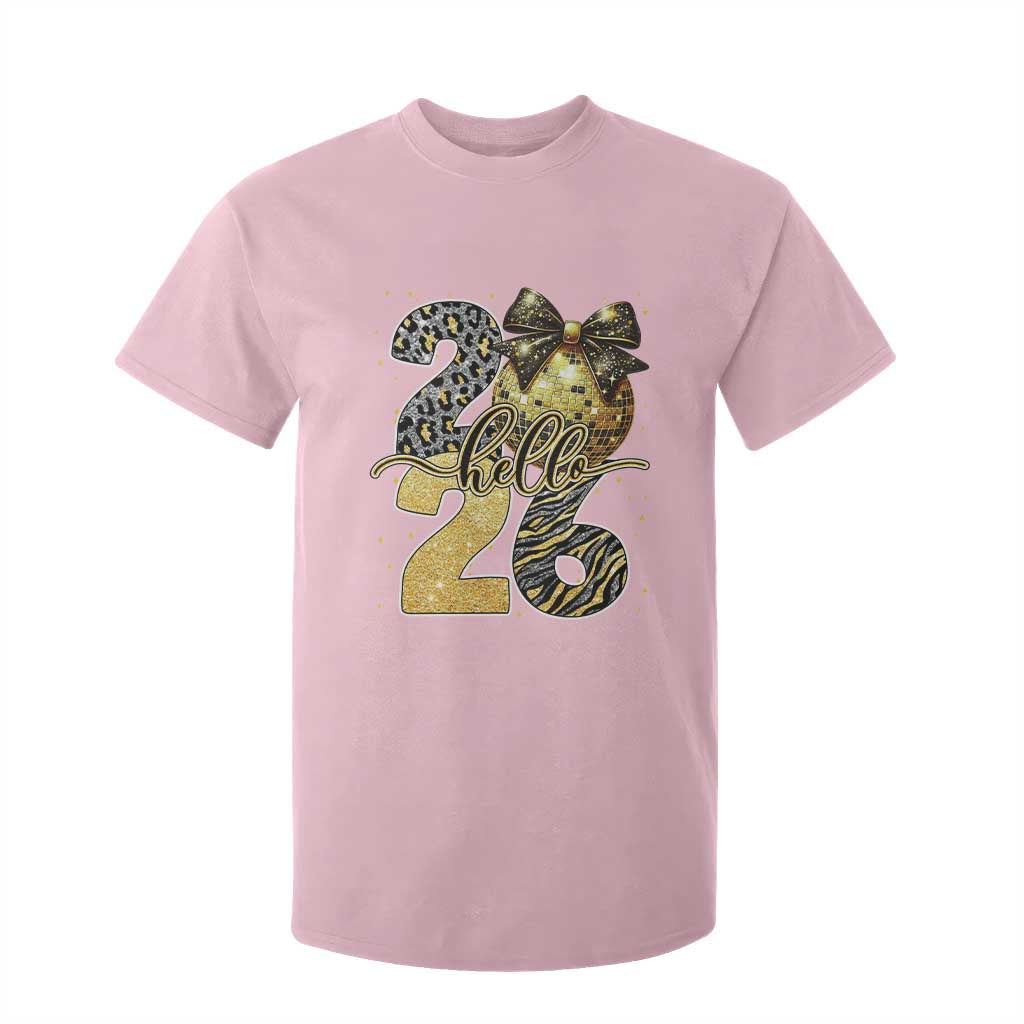 Happy New Year 2026 T Shirt For Kid Hello 2026 Disco Ball Coquette Bow Faux Glitter TS11 Light Pink Print Your Wear