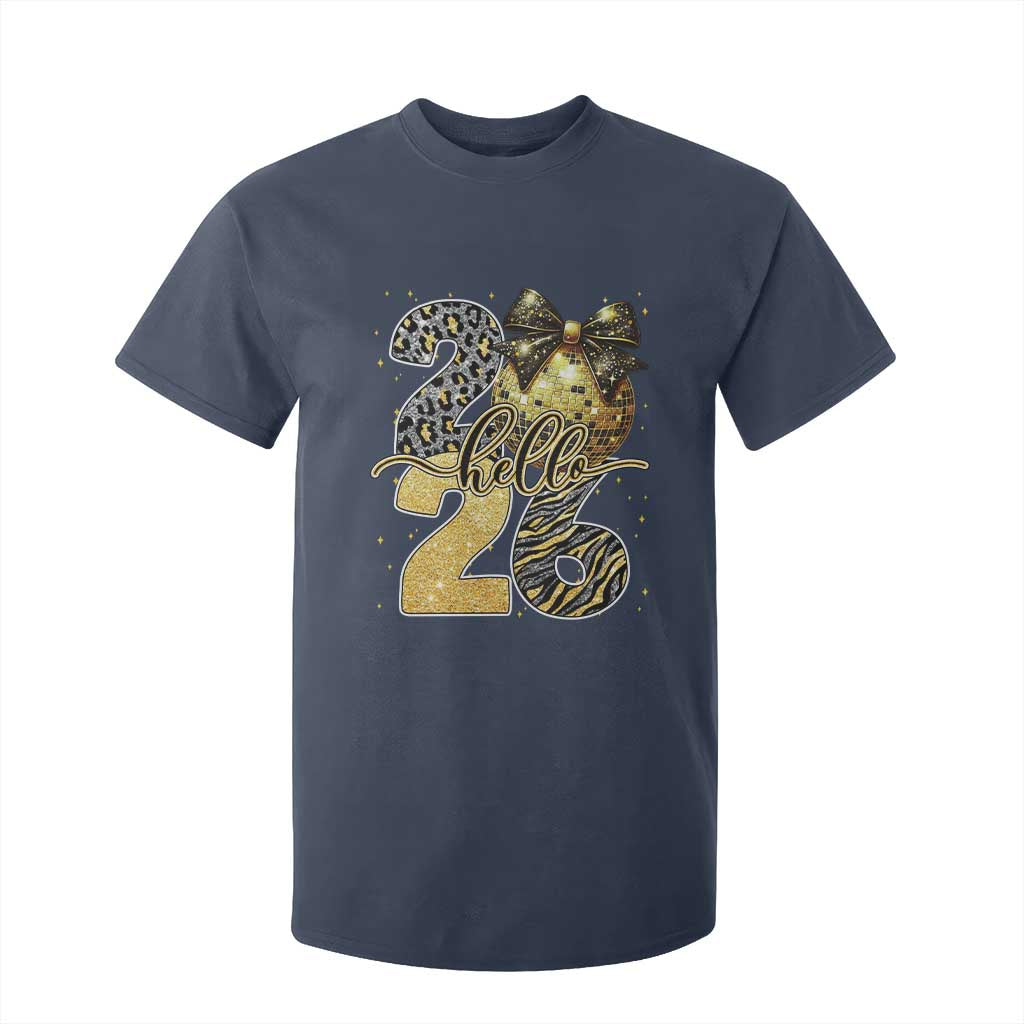 Happy New Year 2026 T Shirt For Kid Hello 2026 Disco Ball Coquette Bow Faux Glitter TS11 Navy Print Your Wear