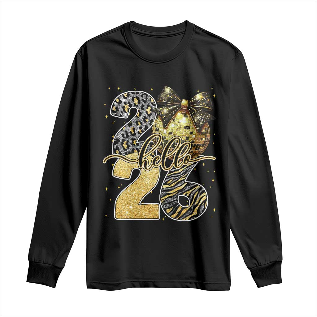 Happy New Year 2026 Long Sleeve Shirt Hello 2026 Disco Ball Coquette Bow Faux Glitter TS11 Black Print Your Wear