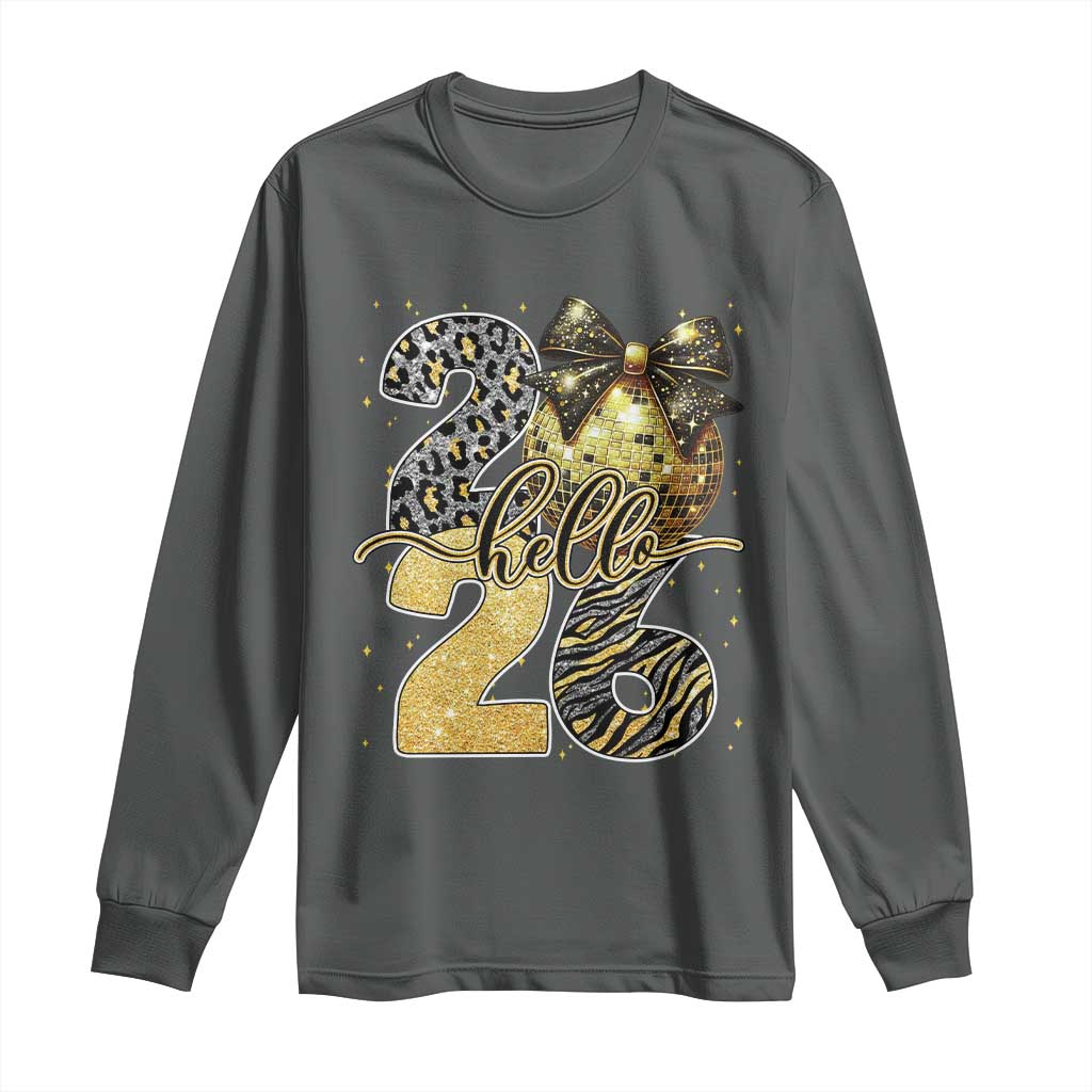 Happy New Year 2026 Long Sleeve Shirt Hello 2026 Disco Ball Coquette Bow Faux Glitter TS11 Dark Heather Print Your Wear