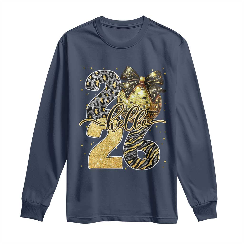 Happy New Year 2026 Long Sleeve Shirt Hello 2026 Disco Ball Coquette Bow Faux Glitter TS11 Navy Print Your Wear
