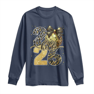 Happy New Year 2026 Long Sleeve Shirt Hello 2026 Disco Ball Coquette Bow Faux Glitter TS11 Navy Print Your Wear
