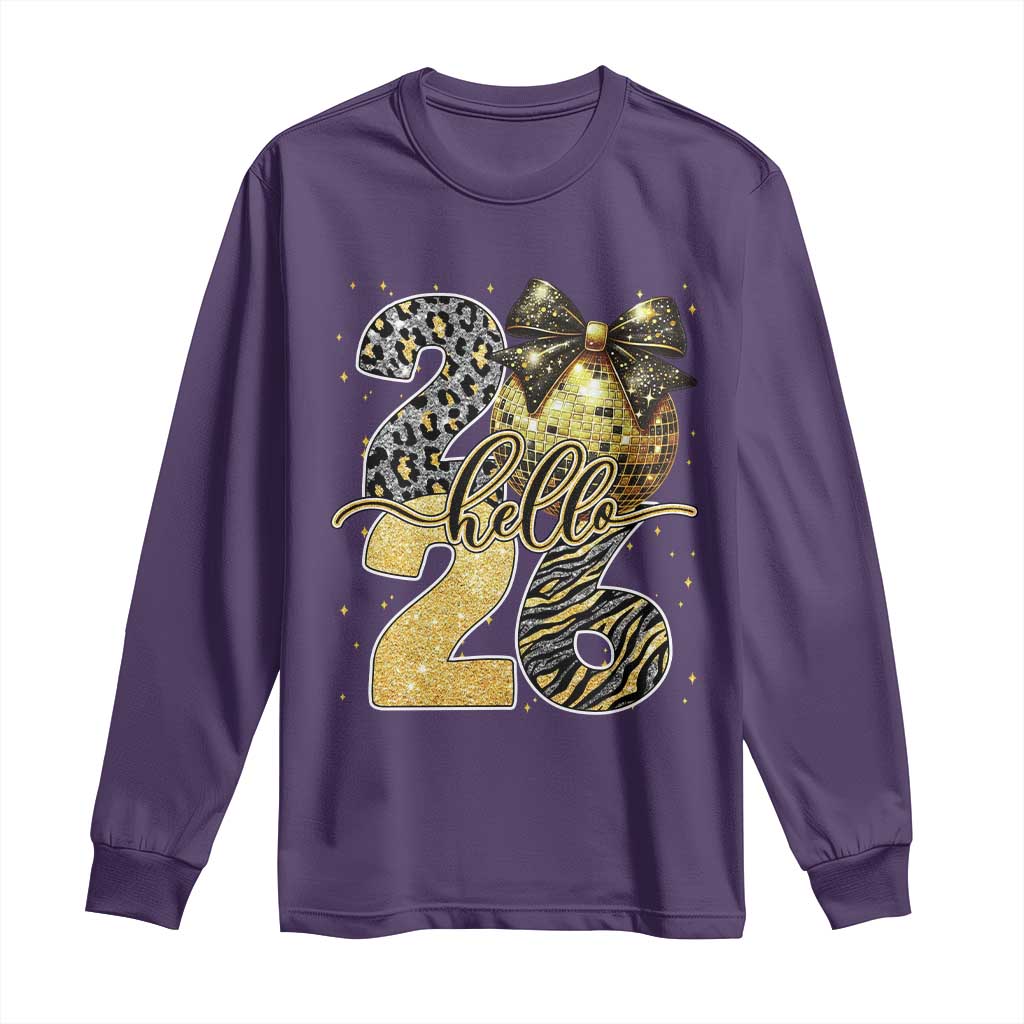 Happy New Year 2026 Long Sleeve Shirt Hello 2026 Disco Ball Coquette Bow Faux Glitter TS11 Purple Print Your Wear