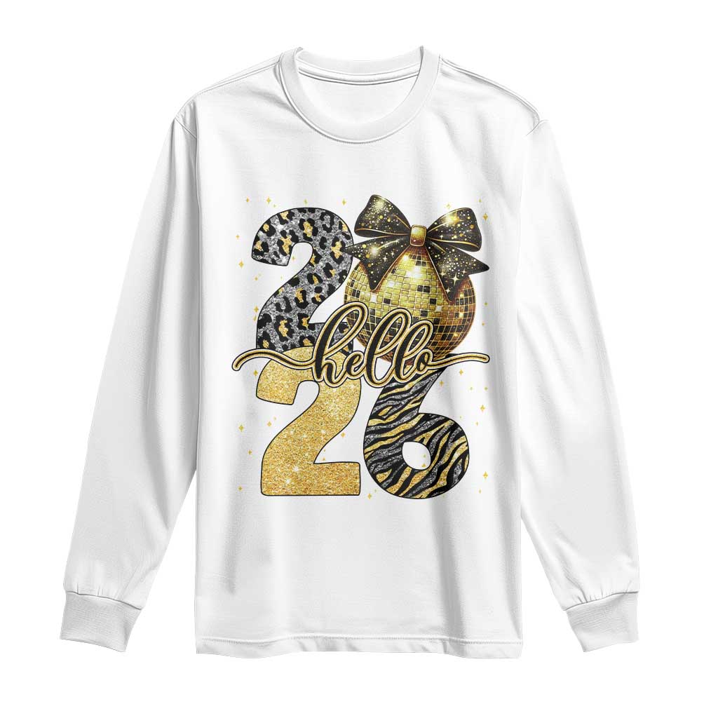 Happy New Year 2026 Long Sleeve Shirt Hello 2026 Disco Ball Coquette Bow Faux Glitter TS11 White Print Your Wear