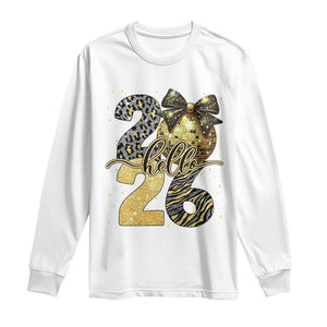 Happy New Year 2026 Long Sleeve Shirt Hello 2026 Disco Ball Coquette Bow Faux Glitter TS11 White Print Your Wear