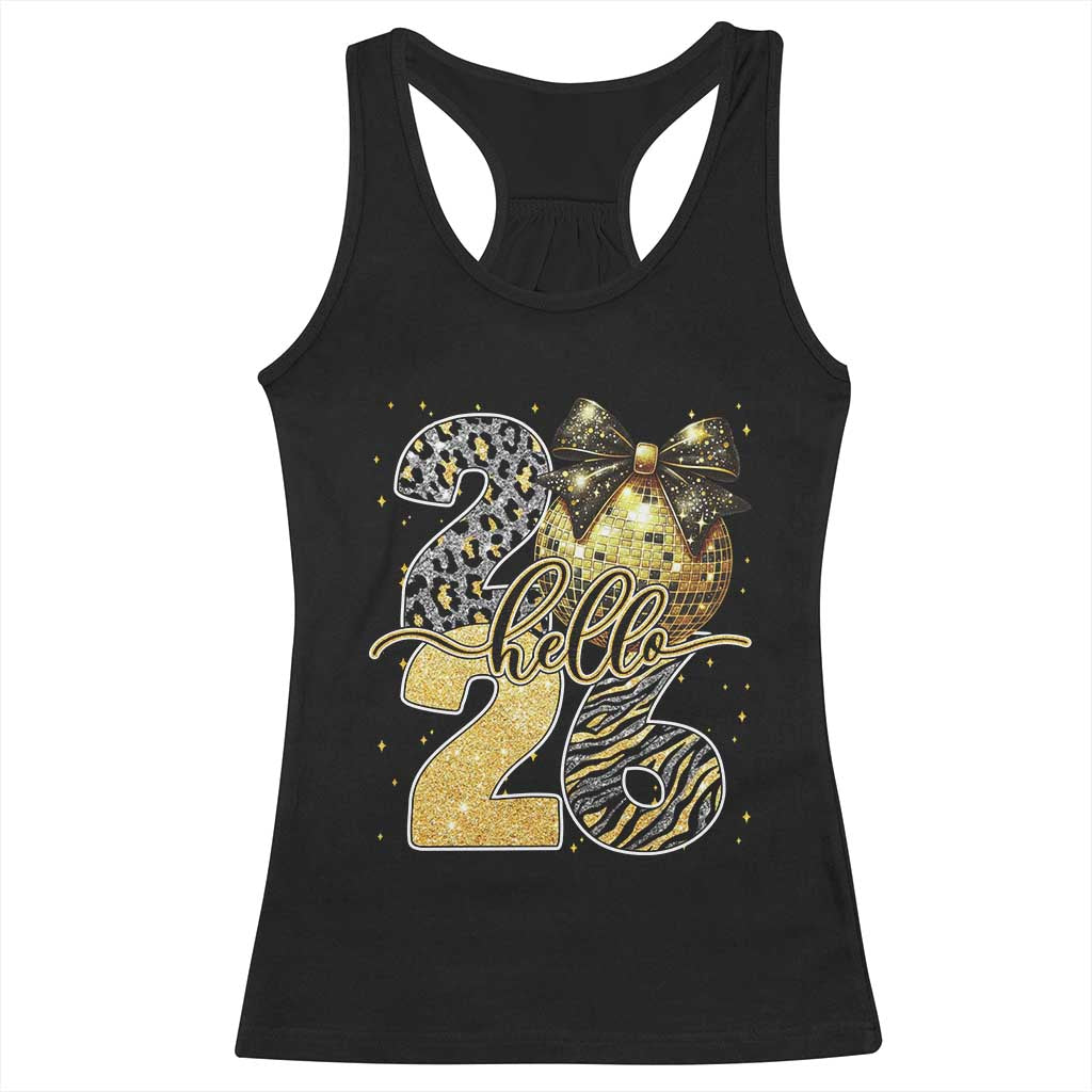 Happy New Year 2026 Racerback Tank Top Hello 2026 Disco Ball Coquette Bow Faux Glitter TS11 Black Print Your Wear