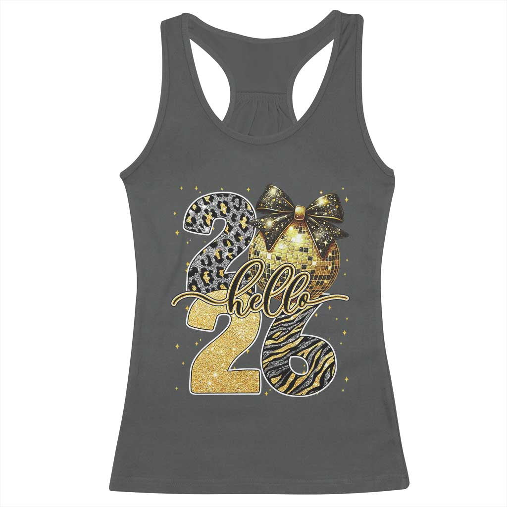 Happy New Year 2026 Racerback Tank Top Hello 2026 Disco Ball Coquette Bow Faux Glitter TS11 Dark Heather Print Your Wear