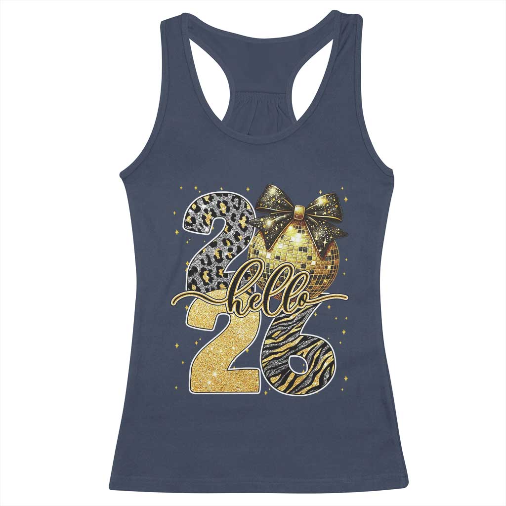 Happy New Year 2026 Racerback Tank Top Hello 2026 Disco Ball Coquette Bow Faux Glitter TS11 Navy Print Your Wear