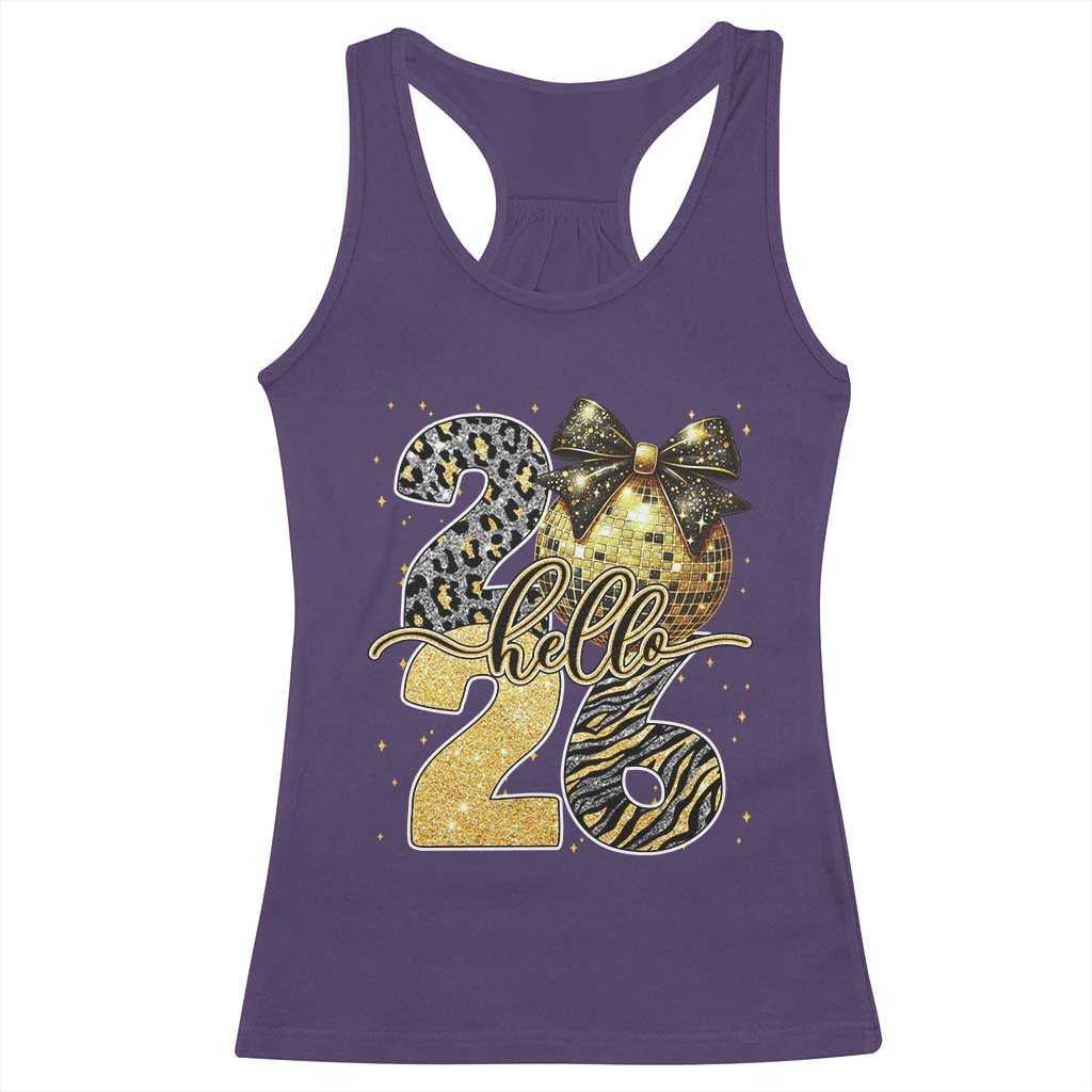 Happy New Year 2026 Racerback Tank Top Hello 2026 Disco Ball Coquette Bow Faux Glitter TS11 Purple Print Your Wear