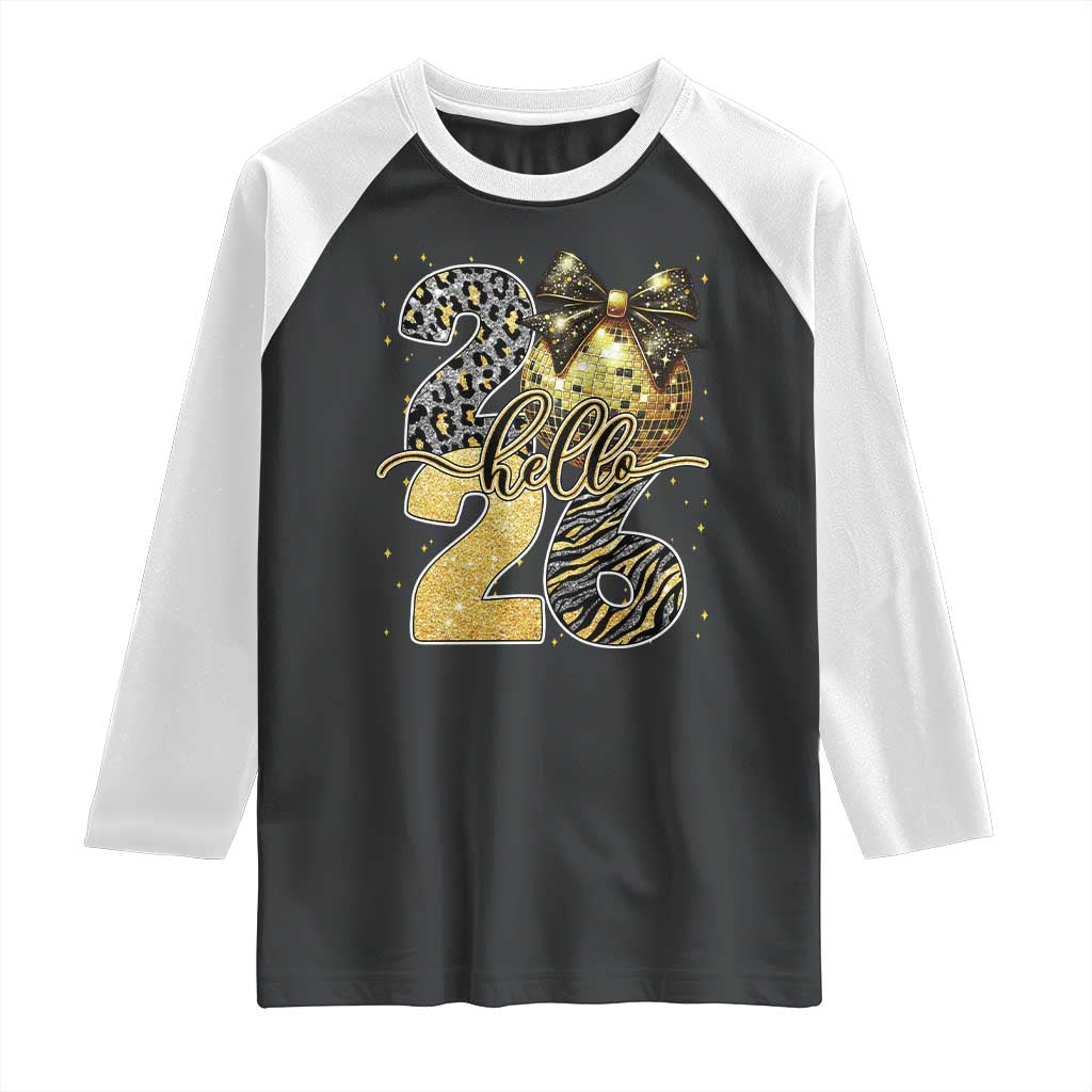 Happy New Year 2026 Raglan Shirt Hello 2026 Disco Ball Coquette Bow Faux Glitter TS11 Black White Print Your Wear