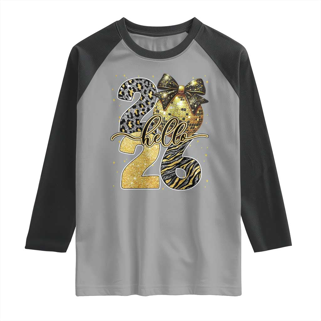 Happy New Year 2026 Raglan Shirt Hello 2026 Disco Ball Coquette Bow Faux Glitter TS11 Sport Gray Black Print Your Wear