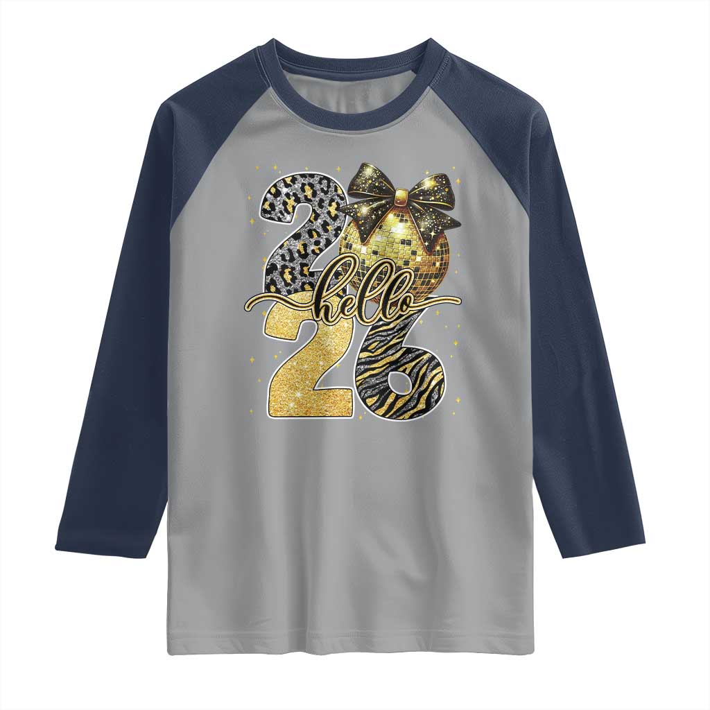 Happy New Year 2026 Raglan Shirt Hello 2026 Disco Ball Coquette Bow Faux Glitter TS11 Sport Gray Navy Print Your Wear