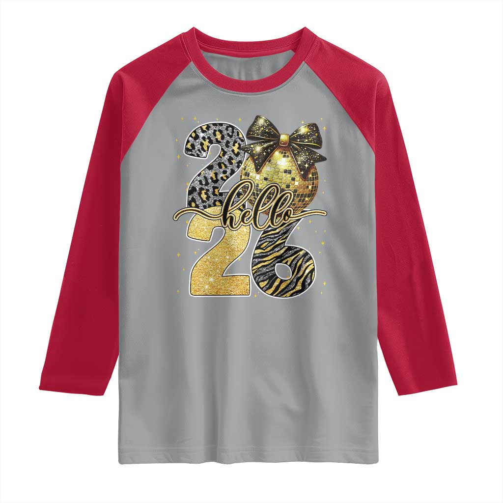Happy New Year 2026 Raglan Shirt Hello 2026 Disco Ball Coquette Bow Faux Glitter TS11 Sport Gray Red Print Your Wear