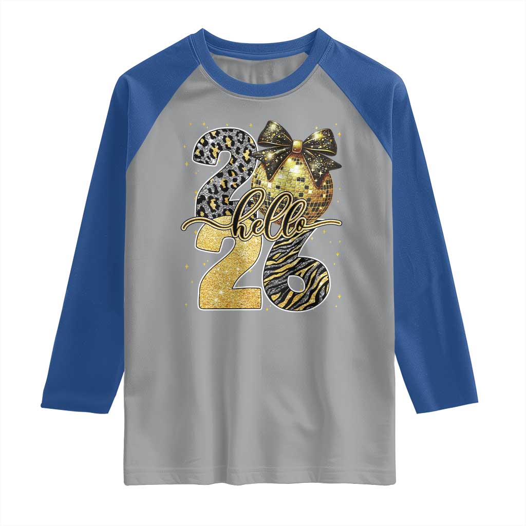 Happy New Year 2026 Raglan Shirt Hello 2026 Disco Ball Coquette Bow Faux Glitter TS11 Sport Gray Royal Print Your Wear