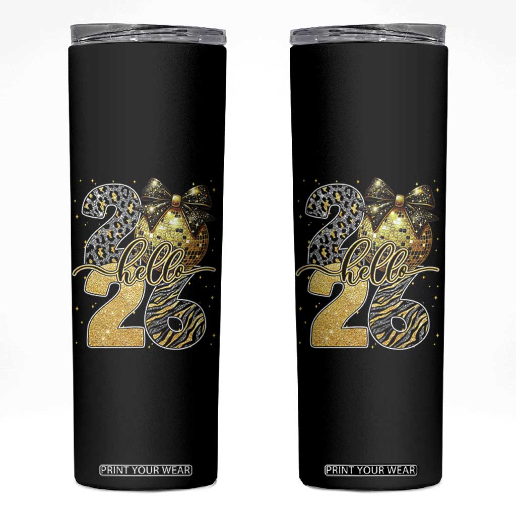 Happy New Year 2026 Skinny Tumbler Hello 2026 Disco Ball Coquette Bow Faux Glitter TS11 Black Print Your Wear