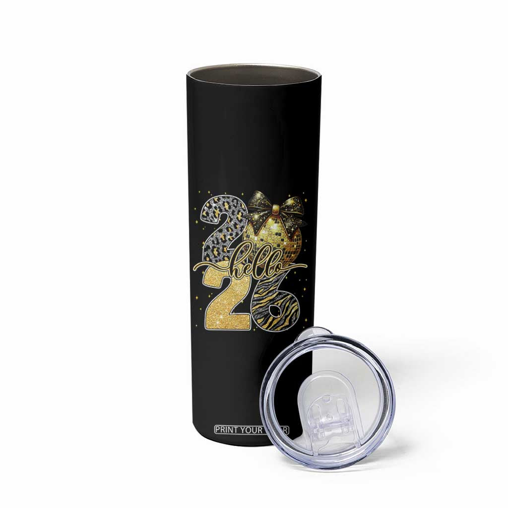 Happy New Year 2026 Skinny Tumbler Hello 2026 Disco Ball Coquette Bow Faux Glitter TS11 Print Your Wear