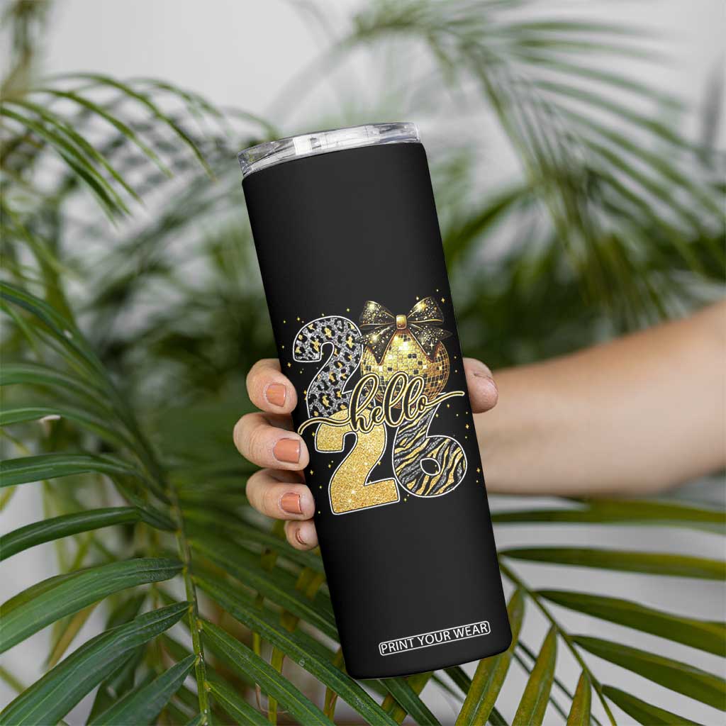 Happy New Year 2026 Skinny Tumbler Hello 2026 Disco Ball Coquette Bow Faux Glitter TS11 Print Your Wear