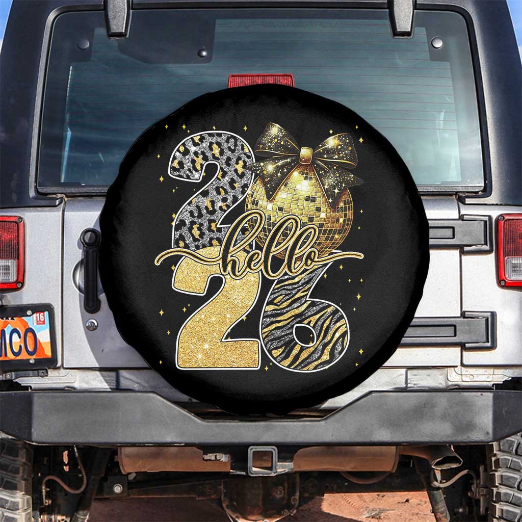 Happy New Year 2026 Spare Tire Cover Hello 2026 Disco Ball Coquette Bow Faux Glitter TS11 No hole Black Print Your Wear