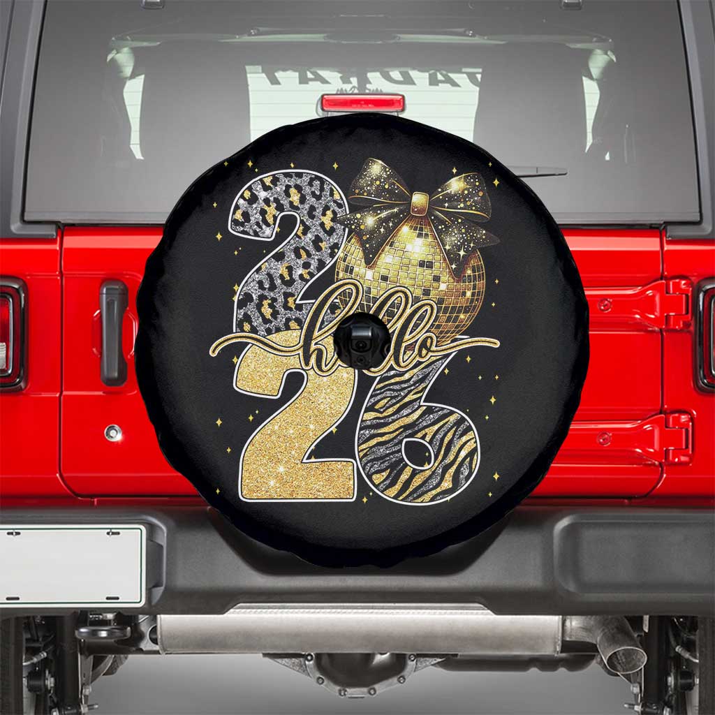 Happy New Year 2026 Spare Tire Cover Hello 2026 Disco Ball Coquette Bow Faux Glitter TS11 Black Print Your Wear