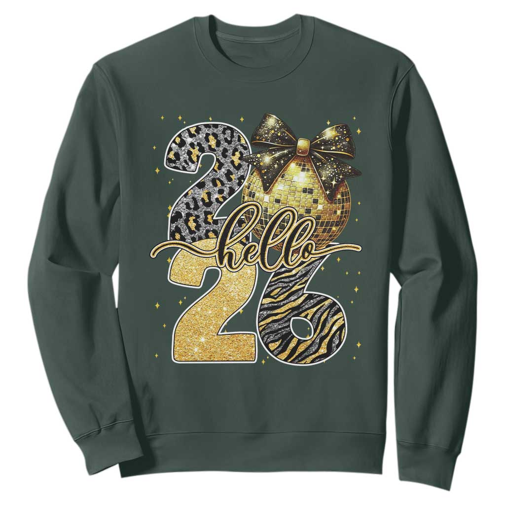 Happy New Year 2026 Sweatshirt Hello 2026 Disco Ball Coquette Bow Faux Glitter TS11 Dark Forest Green Print Your Wear