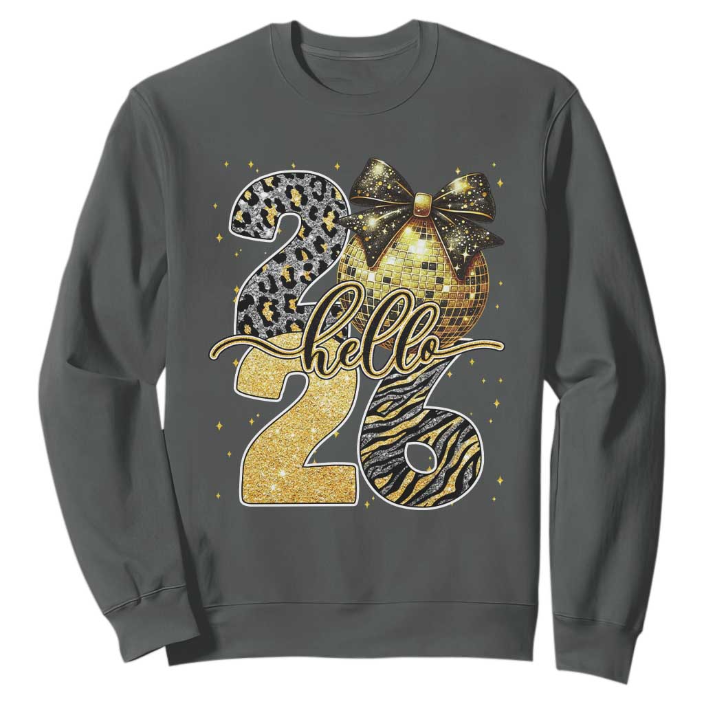 Happy New Year 2026 Sweatshirt Hello 2026 Disco Ball Coquette Bow Faux Glitter TS11 Dark Heather Print Your Wear