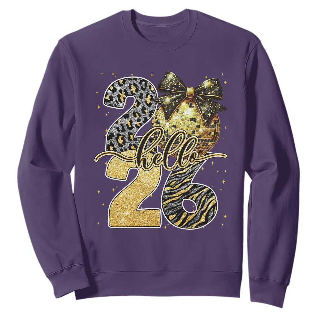 Happy New Year 2026 Sweatshirt Hello 2026 Disco Ball Coquette Bow Faux Glitter TS11 Purple Print Your Wear