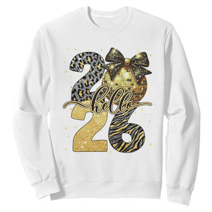 Happy New Year 2026 Sweatshirt Hello 2026 Disco Ball Coquette Bow Faux Glitter TS11 White Print Your Wear