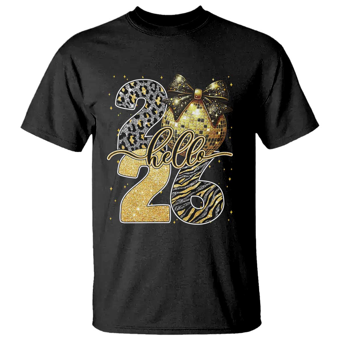 Happy New Year 2026 T Shirt Hello 2026 Disco Ball Coquette Bow Faux Glitter TS11 Black Print Your Wear