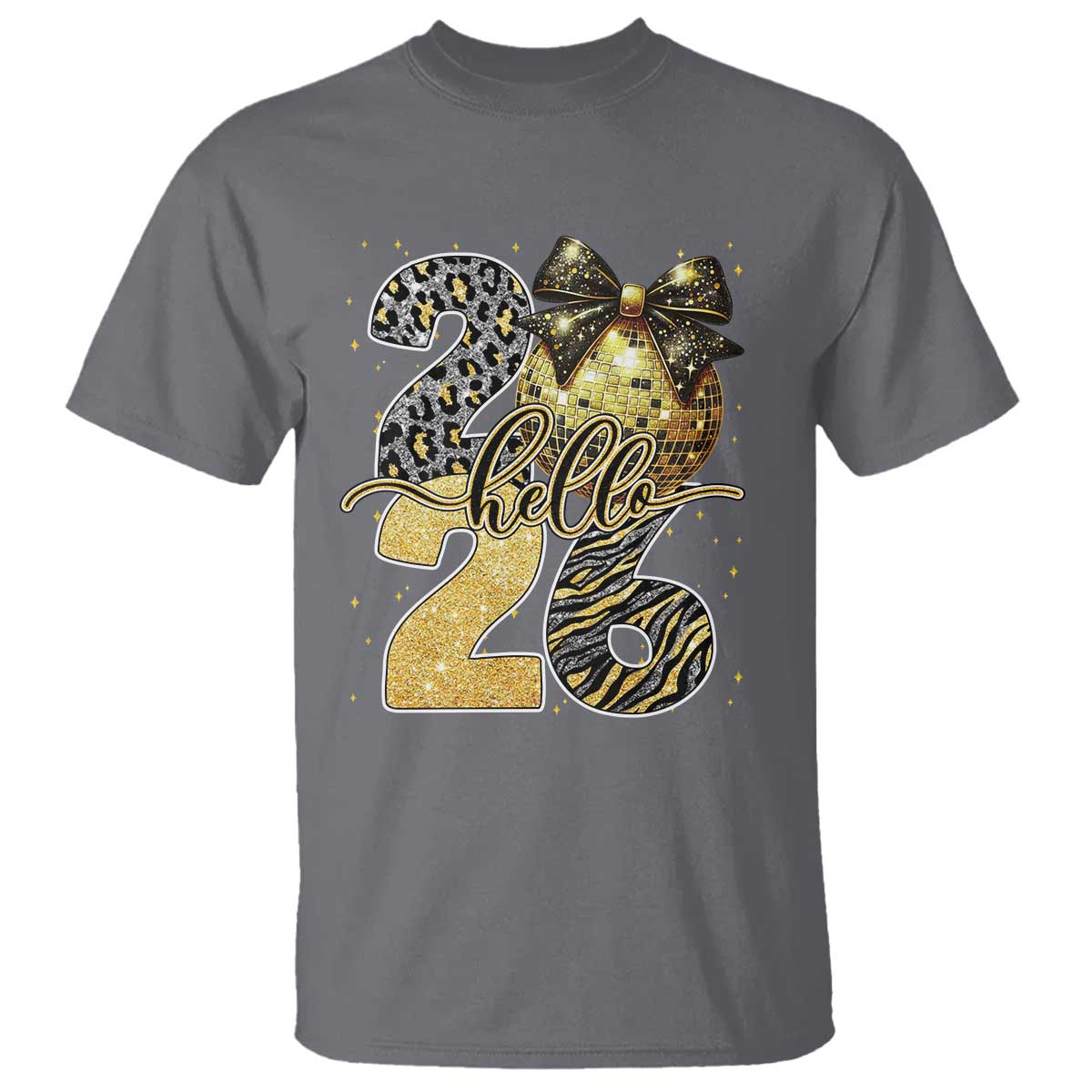 Happy New Year 2026 T Shirt Hello 2026 Disco Ball Coquette Bow Faux Glitter TS11 Charcoal Print Your Wear