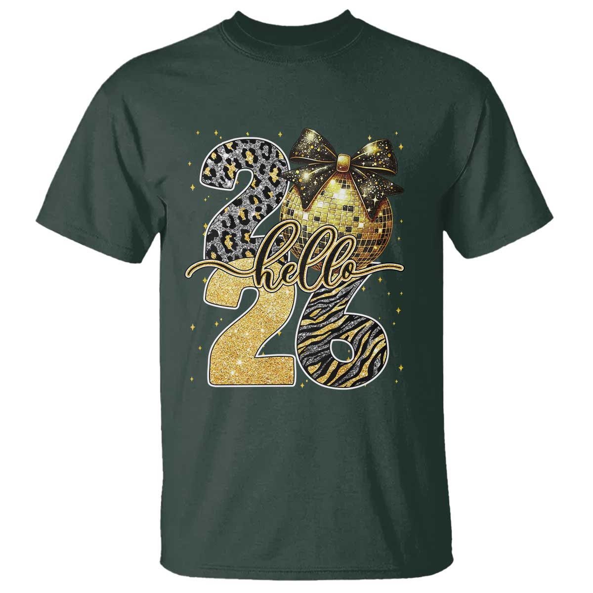 Happy New Year 2026 T Shirt Hello 2026 Disco Ball Coquette Bow Faux Glitter TS11 Dark Forest Green Print Your Wear
