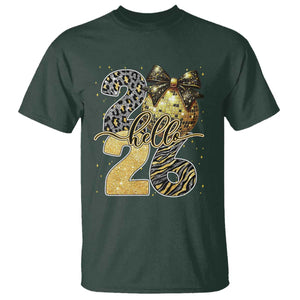 Happy New Year 2026 T Shirt Hello 2026 Disco Ball Coquette Bow Faux Glitter TS11 Dark Forest Green Print Your Wear