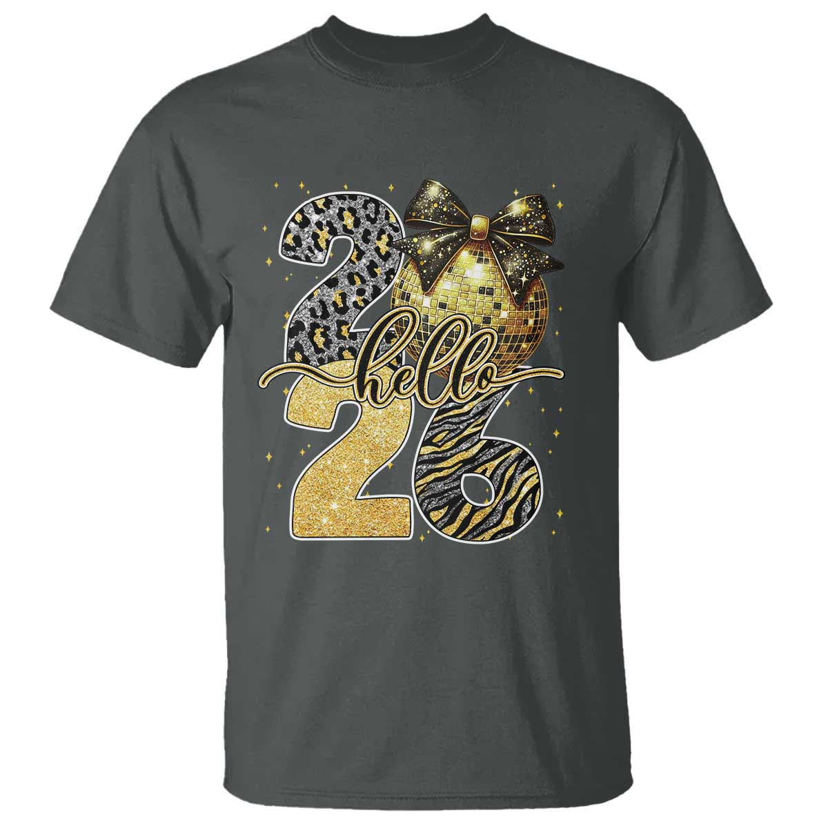 Happy New Year 2026 T Shirt Hello 2026 Disco Ball Coquette Bow Faux Glitter TS11 Dark Heather Print Your Wear